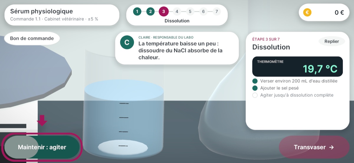 La dissolution : le thermomètre montre l'eau qui se refroidit