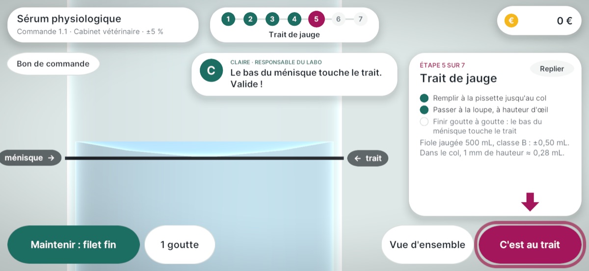 Le ménisque amené pile au trait de jauge